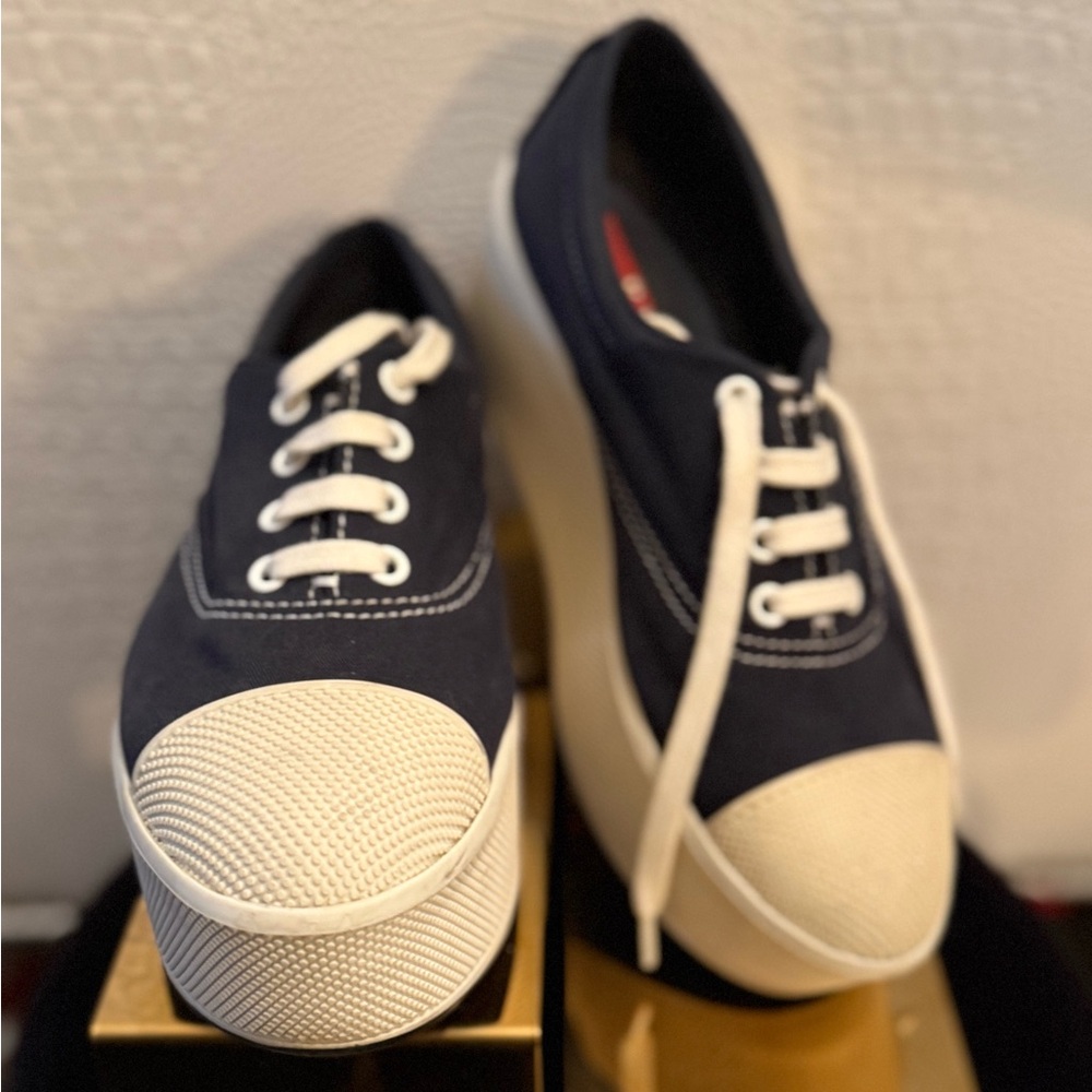 PRADA Platform Navy and White Lace Up Canvas Sneakers
